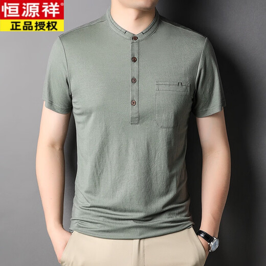 恒源祥夏季冰丝立领短袖t恤男带扣有口袋上衣中年爸爸装仿亚麻半袖男装 黑色-6231 XL 175