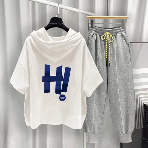 Sommer Pinli Hong Kong Style Hooded Short Sleeve Set Herren Sommer Trendy Printed T-Shirt Complete Set Weiß T5019+Black 9215 2xl Geeignet (150-180Jin [Jin ist gleich 0,5 kg])