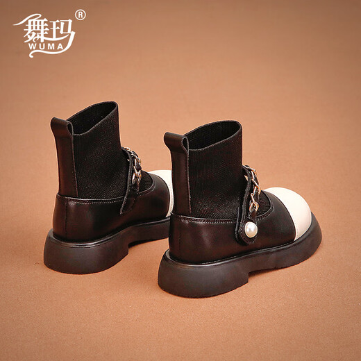 Wuma Girls' Boots Children's Genuine Leather Princess Short Boots 2025 New Baby Girl Winter Plush Sock Boots Girls' Second Cotton Shoes Black Second Cotton Size 25 The inner length of the shoe is about 16.3CM