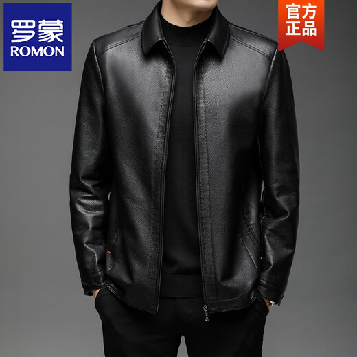ROMON Haining Leather Men's 2026 New Autumn and Winter Dad Clothing Middle-aged Men's First Layer Imitation Cowhide Leather Jacket Lapel Black - Thin M 170 (100-120Jin Jin is equal to 0.5 kg)