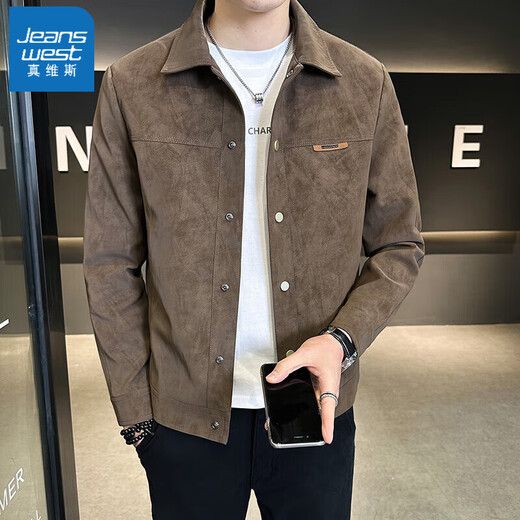 Jeanswest autumn and winter short jacket men's new autumn casual handsome lapel imitation suede gentleman's workwear men's workwear black regular style L 110-125Jin Jin is equal to 0.5 kg