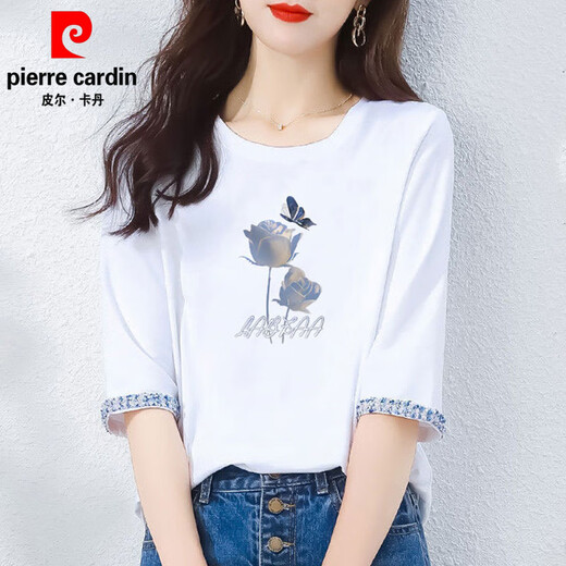 皮尔卡丹（pierre cardin）纯·棉国中袖t恤女士七分袖宽松新中式春秋夏季2025新款上衣 W6205白色+W6172灰粉 XL (建议120-135斤)