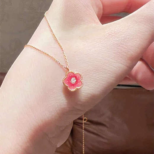 Youshu 18K gold pink peach blossom necklace for women, light luxury sterling silver gold-plated sweet cherry blossom clavicle chain four-leaf clover trendy pink peach blossom necklace