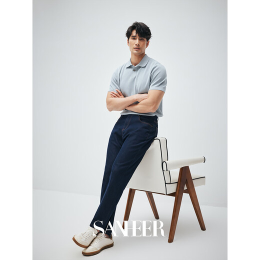 
SANHEER [Estoric Gentleman] 120S long velvet cotton breathable hole-pulling process Summer lapel short-sleeved T-shirt DAT983 Sunny Blue L /50