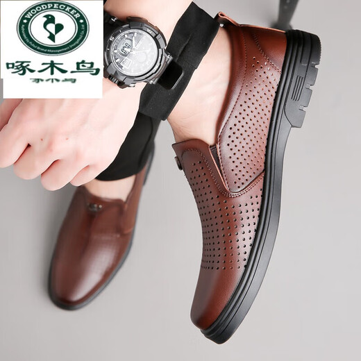 Woodpecker leather shoes men's sandals for summer breathable thin leather business casual shoes soft sole hollow hole punched men's shoes dad's shoes flagship official brand - black hollow 6626 38
