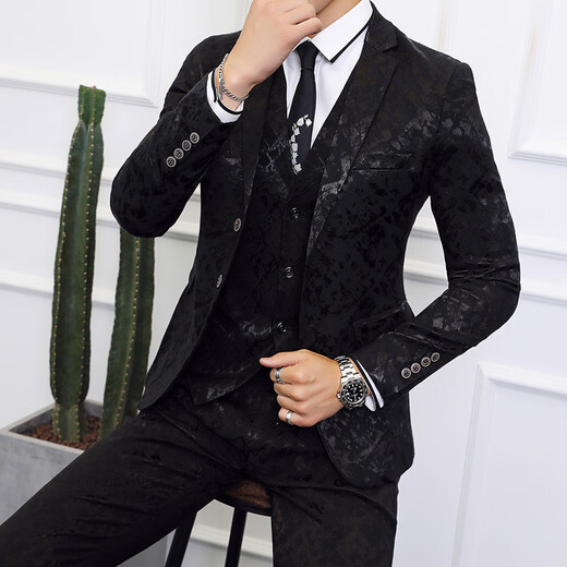 SUSTYLE high-end luxury brand men's high-end business casual suit suit men's new hot stamping printed wedding dress black gift box 2XL