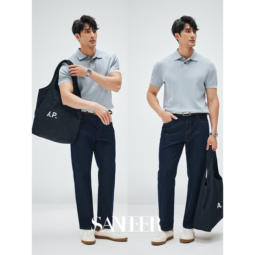 
SANHEER [Estoric Gentleman] 120S long velvet cotton breathable hole-pulling process Summer lapel short-sleeved T-shirt DAT983 Sunny Blue L /50