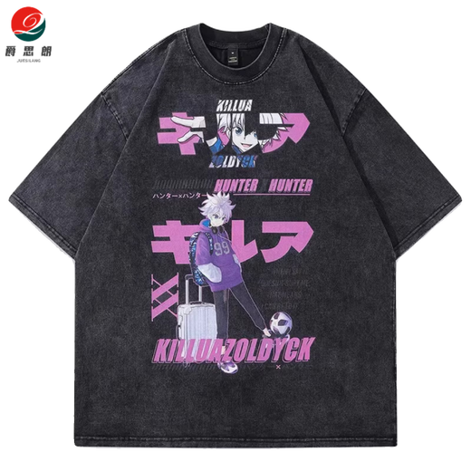 
Jueslang animation full-time hunter hunter x hunter retro old summer cotton washing short-sleeved T-shirt for men and women washing black B1301 XL