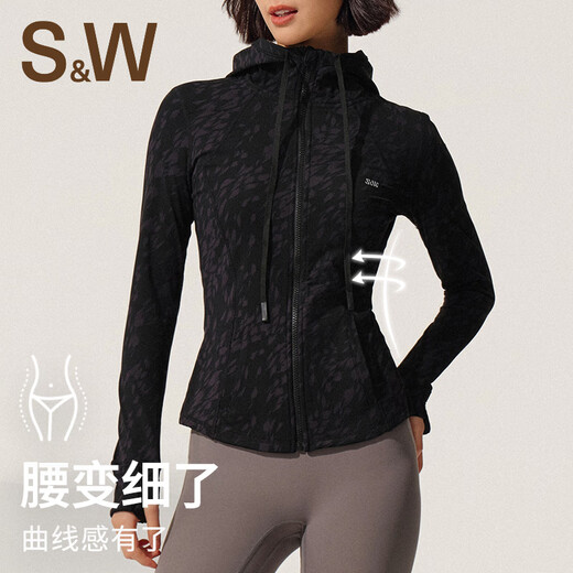S&W Sports Jacket Women's Autumn Warm Printed Hooded Sports Fitness Yoga Wear Cycling Clothing Top Women Dark Black S