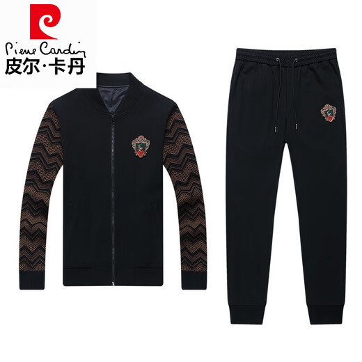 皮尔卡丹（pierre cardin）春秋新款高端品牌夹克套装男士青年休闲运动套装男潮流外套衣服 6629-黑色 2XL 180