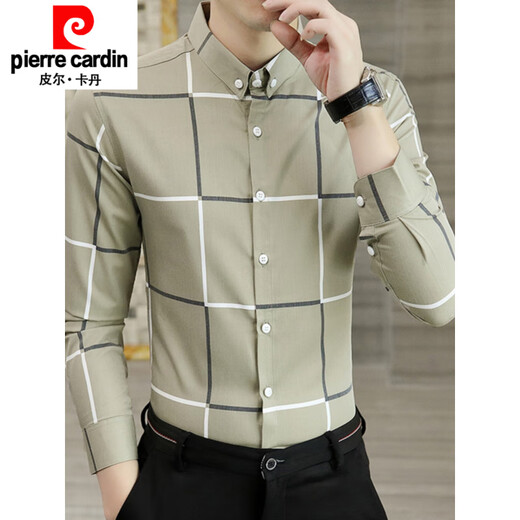 Pierre Cardin Spring y Autumn Plaid Camiseta informal de la camisa delgada de manga larga de la manga larga Negocio Slim Fit Trendy Knit 9922 White M (90-105Jin [Jin equivale a 0.5 kg])