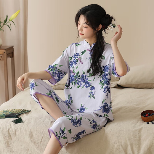 2025年新款睡衣女夏天短袖套装国风针织棉七分裤休闲家居服可外穿 9902 M 【80-100斤】