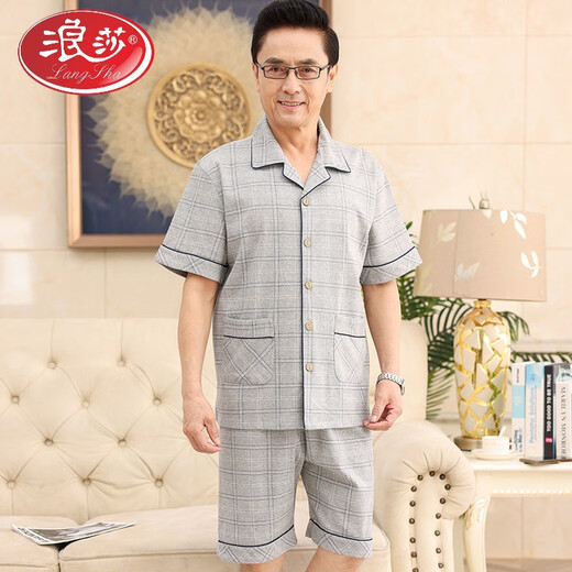 浪莎（LangSha）中老年爸爸妈妈情侣纯棉睡衣男女夏季短袖七分裤夏天开衫家居服 单女N9871 M 单女 【建议80-95斤】
