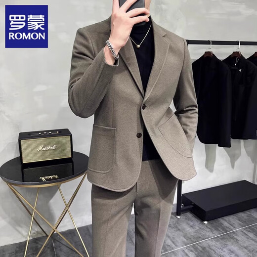 Romon Woolen Suit Jacket Men's Autumn Season New Style Business Formal Casual Thickened Suit Men's Dark Gray Suit M