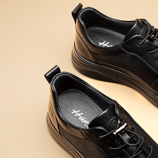 Hazen soft sheepskin 2025 autumn and winter men's shoes business casual leather shoes breathable and comfortable sports walking shoes casual shoes black single layer four seasons 39 (245mm)