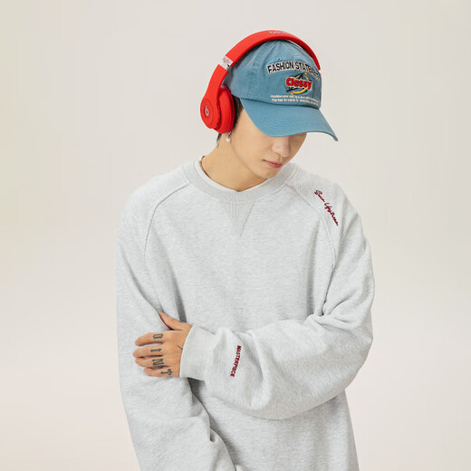 棉之雪结构拼接400G重磅圆领卫衣男美式字母刺绣插肩袖帽衫复古宽 L3895 白灰 XL