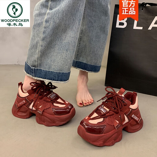 啄木鸟红色厚底老爹鞋女2025新款秋季本命年喜庆百搭增高休闲运动鞋 咖啡9906M加绒 36