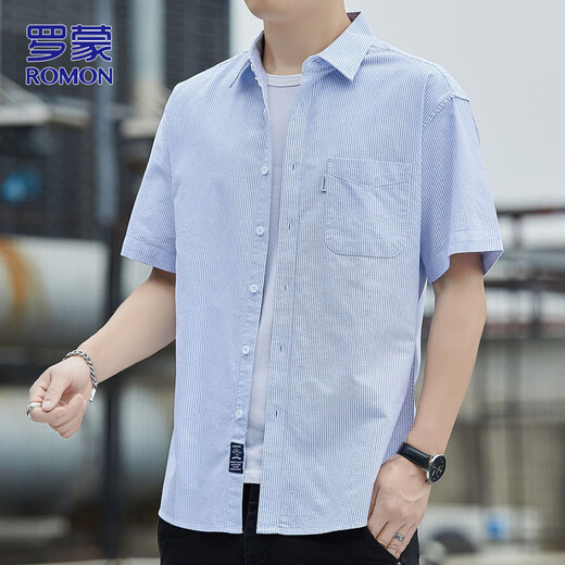 Romon Short à manches à manches de coton de coton pour hommes Summer Summer Striped Business Men's Casual Men's Vêtements Bleu clair 2xl
