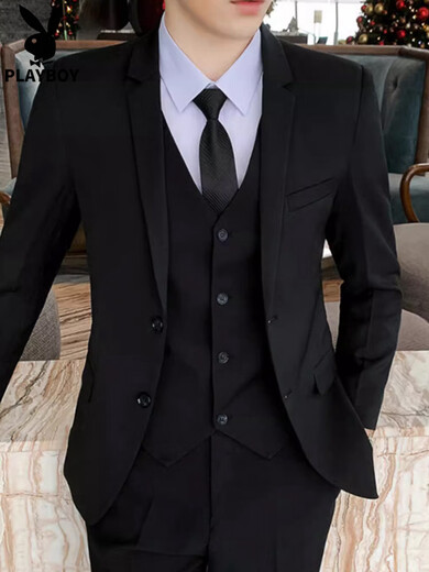 Playboy Casual Anzug Anzug Herrengeschäft formelle Jacke Neuer Hochzeitskleid Professioneller Anzug Männer Schwarz [Anzug + Hemd + Hose] 3xl 3xl Empfehlung [161-175jin [Jin gleich 0,5 kg]]