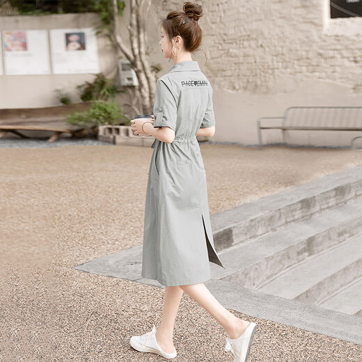 
Sibaiser 2025 summer new women's slit mid-length dress waist-hugging and slimming shirt skirt skirt