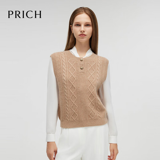 PRICH 100% sheep wool textured knitted vest winter new sleeveless casual top for women 64 cream S 155