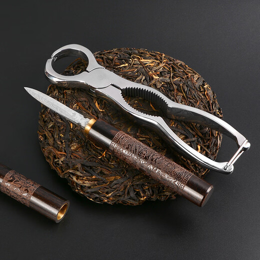 Fat Donglai's same tea cake pry, tea pliers, stainless steel tea needle, tea knife, Pu'er tea knife, hand-made tea cake opening scissors, tea set of two, tea pliers + Damascus wood tea knife