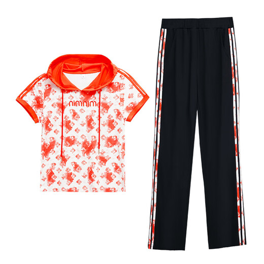 Playboy (Playboy Outdoor) Traje de ropa deportiva para mujeres en verano Mujeres de mediana edad Estado con capucha pantalones de manga corta Two Pieces 6913 Grapefruit Red L [100-113Jin [Jin iguala 0.5 kg]]