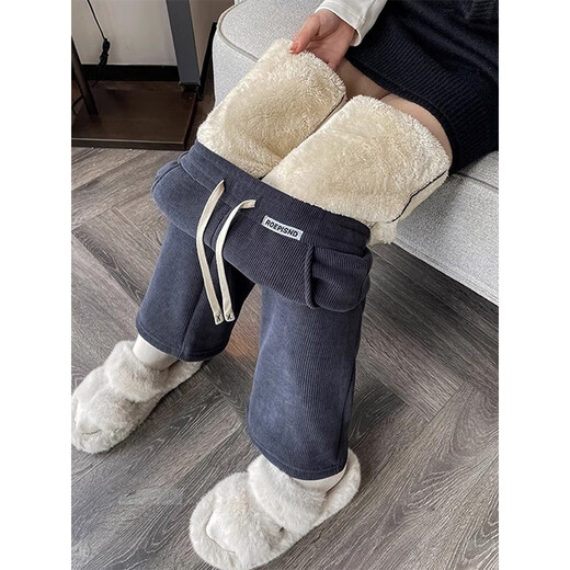 棉致加绒加厚显瘦羊羔绒阔腿裤子女秋冬季宽松高腰直筒休闲裤女棉裤 9767黑色【羊羔绒高品质24.5】 3XL 146-156斤