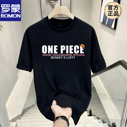 Romon (Romon) Japonais One Piece Nika Luffy Carton animé périphérique à manches courtes pour hommes adolescents Adolescent T-shirt rond T-shirt Top Trend V1048 Black 5xl