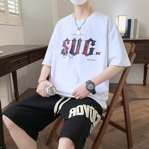 Sufulu Sommer Herren Kurzarm T-Shirt Set Fashion Teen Student Shorts Zweiteiler 3527-5 Weiße Top + Shorts M 70-90jin [Jin gleich 0,5 kg]