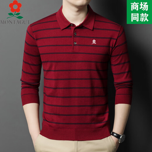 
MONTAGUT men's wool long-sleeved T-shirt men's striped sweater autumn middle-aged daddy's lapel polo shirt 5012-Narrow blue clip khaki M 165 suitable for 100-115Jin [Jin equals 0.5 kg]