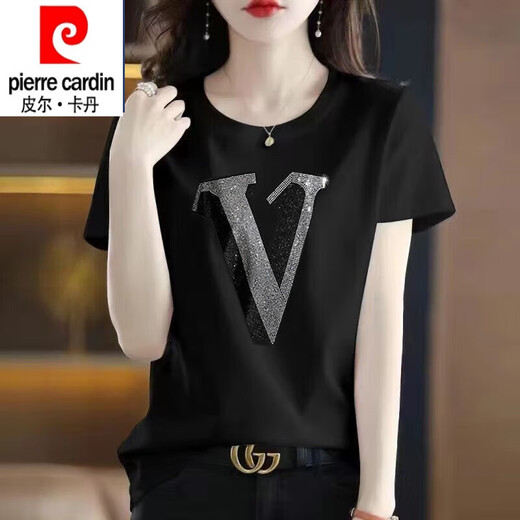 皮尔卡丹（pierre cardin）纯棉短袖t恤女大1码夏装新款时尚烫钻圆领半袖上衣黑色镶钻打底衫 圆领-连环爱心钻-黑色短袖 3524 M 适合80-90斤