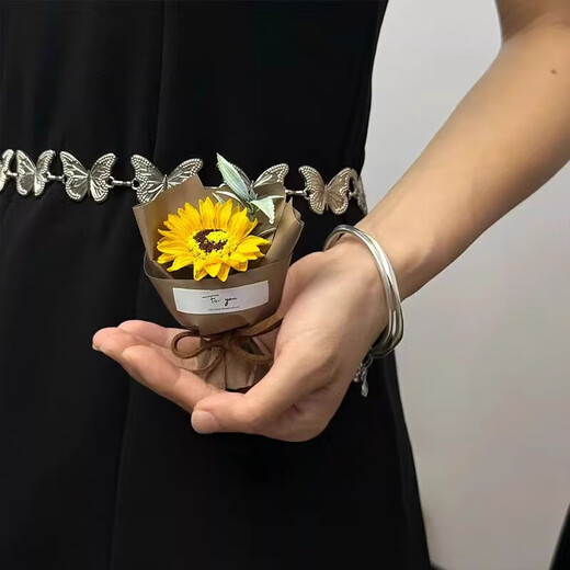 迷你口袋见面小花束玫瑰向日葵永生花仿真花伴手礼生日女神节礼物 小花束-棕色+粉玫瑰 1支