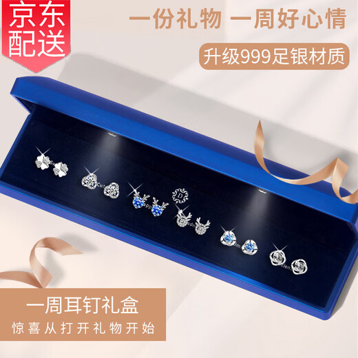 Crystal Silver Needle One Week Earrings 2025 New Earrings Girl Birthday Gift for Girlfriend Light Luxury High-end Niche Temperament T504 Six Pairs Romantic Earrings Light Box-999 Silver