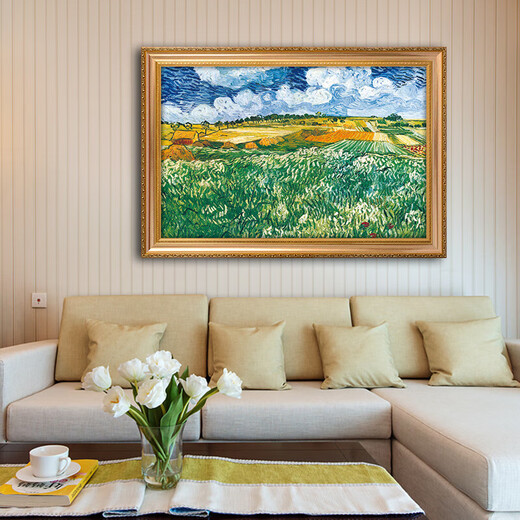 礼莎梵高世界名画 奥维森平原 凡高手绘油画客厅玄关餐厅卧室装饰画 692金实木框 80X60