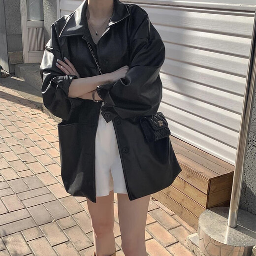 天丂韩式黑色皮衣衬衫女早春宽松百搭仿皮衣夹克外套设计感polo领上衣 黑色M【建议105斤以下】