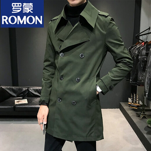 ROMON military windbreaker men's mid-length spring and autumn style 2025 new British slim double-breasted coat jacket men's military green XXS recommended 90Jin Jin equal to within 0.5kg