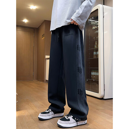 Yalu American pants men's autumn and winter new loose trendy straight drawstring leg sports pants plus velvet black X366 plus velvet high quality 30