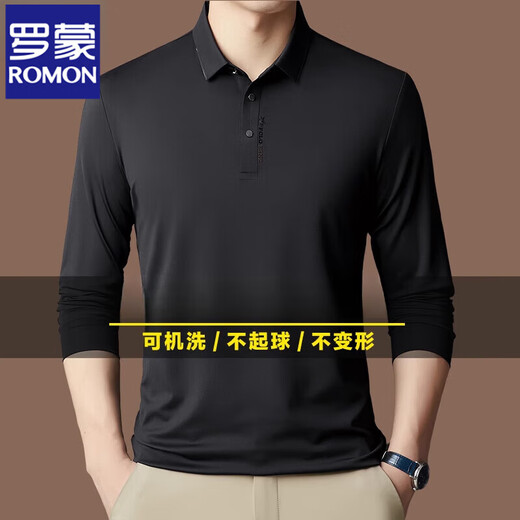 ROMON long-sleeved T-shirt men's spring and autumn 2025 new men's summer thin style anti-wrinkle casual polo base shirt black [3878] L 170 [120-140Jin [Jin equals 0.5 kg]]