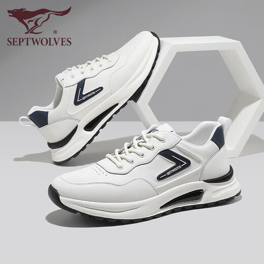 Sept Wolves Chaussures masculines pour les chaussures décontractées en cuir d'été pour des baskets de haute hauteur à semelle épaisse pour hommes à la mode et polyvalentes chaussures de voyage respirantes blanc / bleu 1049 41