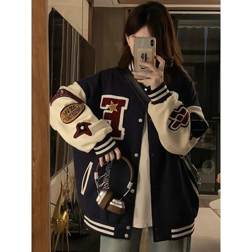 POUM American retro baseball uniform jacket men and women same style design niche casual loose teenager jacket top TM-W733 navy blue 3XL