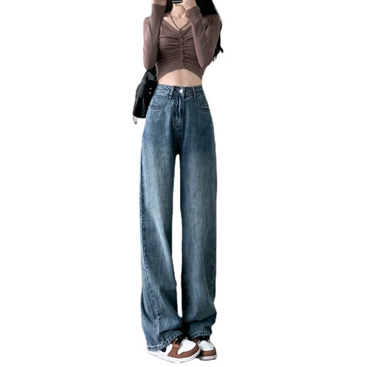 Sekong 2025 Automne et hiver Nouveau style épaissis épaissis hauts hauts drapés jeans à jambes larges pour les femmes plus en velours chaud hnf 683 rétro bleu 2xl