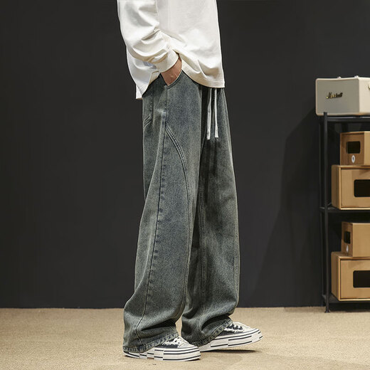 Foss Phil American fashion brand scimitar jeans men's summer thin straight loose high street casual sports wide-leg pants Fashion brand 718-K760 nostalgic blue regular XL [Suggested 145-160Jin [Jin equals 0.5 kg]]