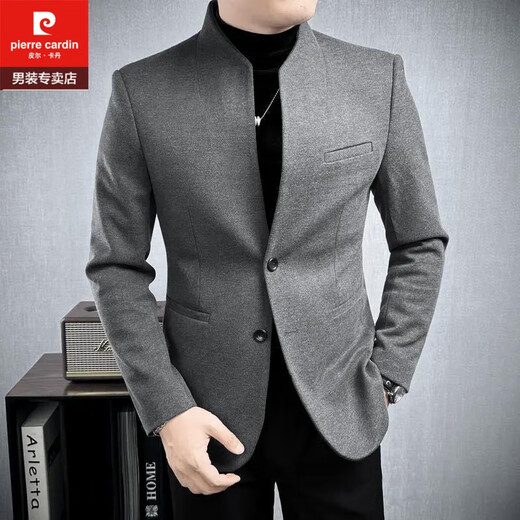 Pierre Cardin improved tunic men's suit spring and autumn new casual woolen stand collar Chinese casual suit men's black 2XL