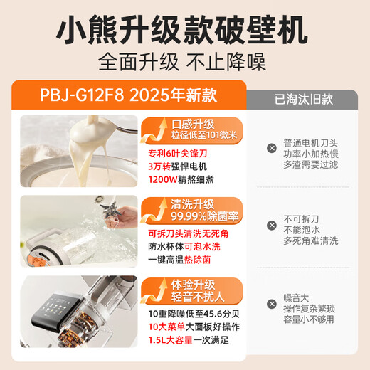 Bear wall breaking machine household self-cleaning 1.5L removable and washable filter-free wall breaking machine fully automatic no-cook food supplement cooking machine 2025 new silent no-wash 3-4 people hot drying and sterilization G12F8