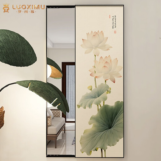 Rosimus versteckter Dressing Mirror Chinesischer Lotus-Eingang Haushalts Wandmontierte Malerei Schlafzimmer kann das push-pull-Dekorationsmalerei in voller Länge schließen [A] 50*160 cm (Spiegel 43*152 cm)