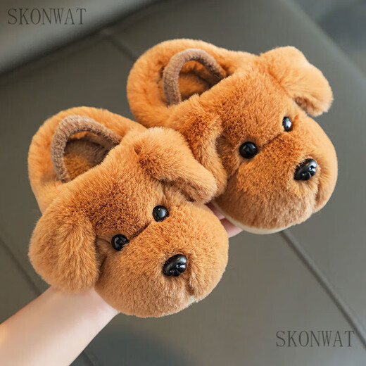 SKONWAT children's cotton slippers for boys 1-3 years old 2 indoor cute cartoon girls' slippers for infants and toddlers baby cotton slippers autumn and winter camel dog (upgraded with model) 14-15 yards inner length 13.5cm about 2 years old