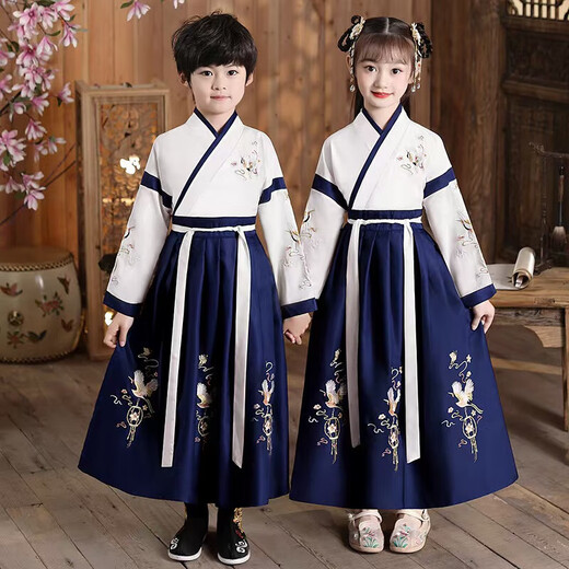 儿童古装汉服国学服中国风小学生朗诵三字经弟子规开笔礼演出服装 云飞鹤直袖红色【男女同款】 130 cm