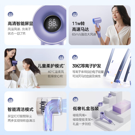 Midea high-speed hair dryer, 3.9 billion plasma hair dryer, negative ion hair dryer, smart digital display screen FG505 purple, national subsidy, holiday/birthday gift recommendation