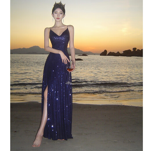 Spring Man Hepburn Style Vestido de noche sexy de lentejuelas sexy francesas para mujeres con súper largo vestido de suspensión de cuello en V de corte bajo L Azul L